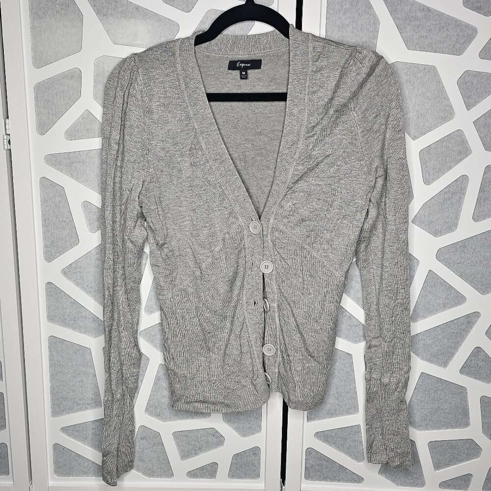 Express Women's V Neck Cardigan Sweater Gray Button Down Size M